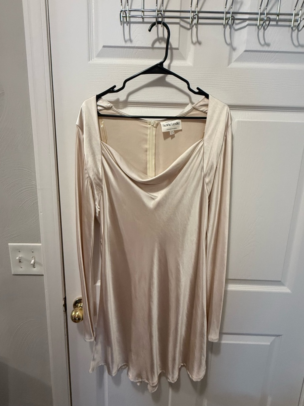 Selfie Leslie Cream Satin Cowl Neck Long Sleeve Dress